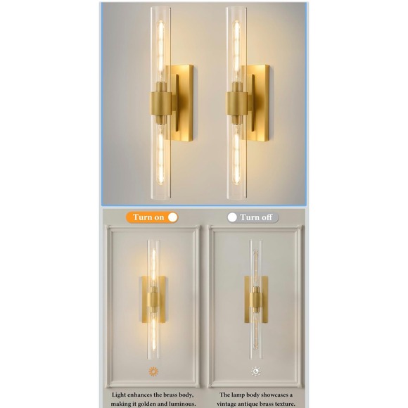 Unbranded Other - Champagne Brass Wall Sconces (2) Clear Glass Tube Vanity Lights Bathroom Hallway